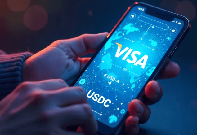 A close-up of hands holding a smartphone displaying a Visa-themed interface with USDC stablecoin prominently shown, visually representing the post's message about Visa's rapid expansion and dominance in global stablecoin payment liquidity.