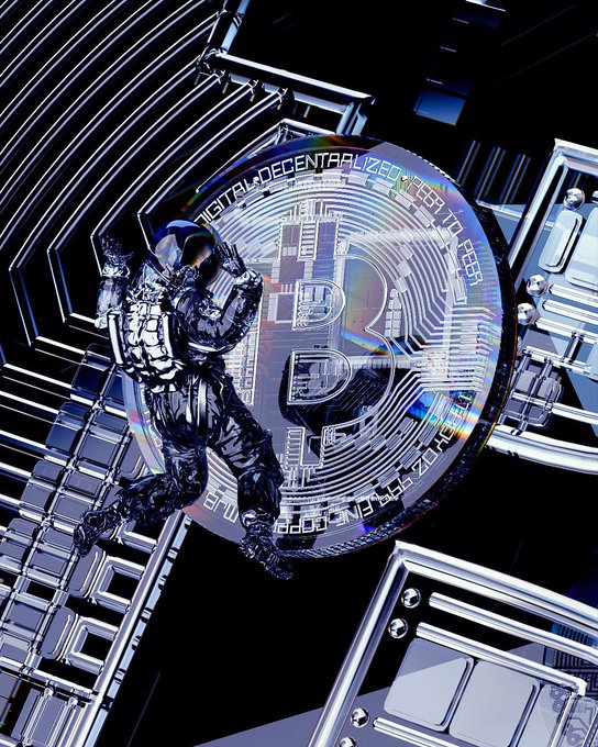 A 3D rendering of an astronaut in a spacesuit working on or clinging to a massive Bitcoin coin, which features the text 'DIGITAL DECENTRALIZED PEER TO PEER' around its rim, set against a futuristic metallic structure.