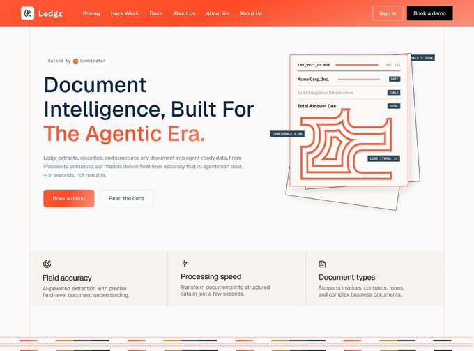 A landing page for 'Ledgr' titled 'Document Intelligence, Built For The Agentic Era,' describing AI-powered data extraction for invoices, with a call-to-action 'Book a demo' and features like field accuracy and processing speed.