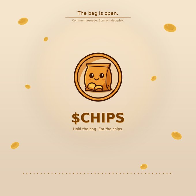 Promotional graphic for a cryptocurrency token called $CHIPS featuring a cartoon chip bag mascot, with text reading 'The bag is open. Community-made. Born on Metaplex' and 'Hold the bag. Eat the chips.'