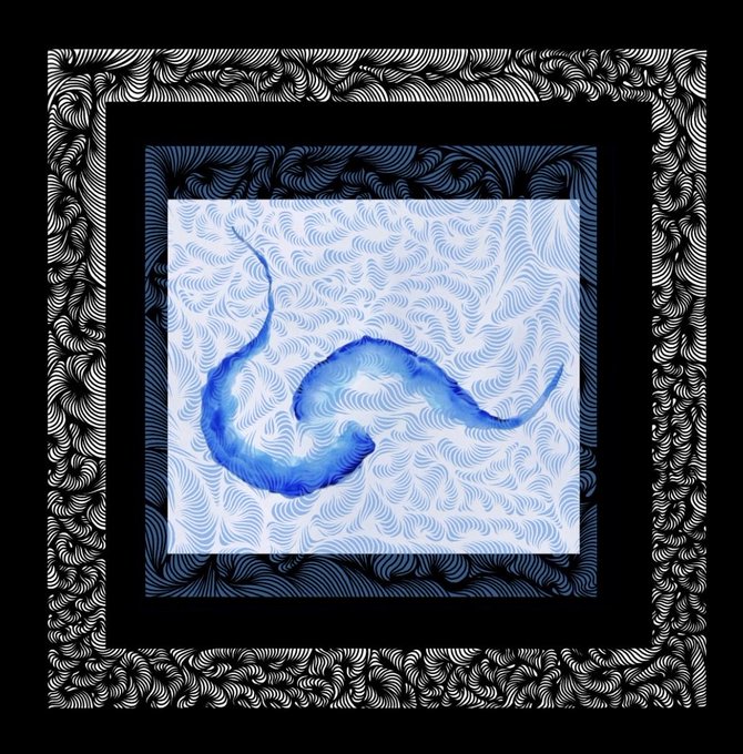 An abstract framed artwork featuring a central blue watercolor swirl pattern surrounded by multiple nested black-and-white frames with intricate swirling line designs.