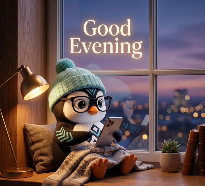 A cute cartoon penguin wearing glasses and a teal beanie sits on a windowsill holding a smartphone, with 'Good Evening' glowing text and a city skyline at dusk behind it.