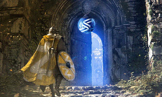 The image features a knight wearing armor walking through an old stone doorway into a cave-like setting. The knight has a shield with a blue and white design, which adds to the medieval theme of the scene. The caption for this image reads "Zcash, privacy-first leader, live on Rango In a world where DeFi is becoming increasingly transparent, ZEC keeps a core principle alive: users should have the ability to move value with stronger financial privacy!".