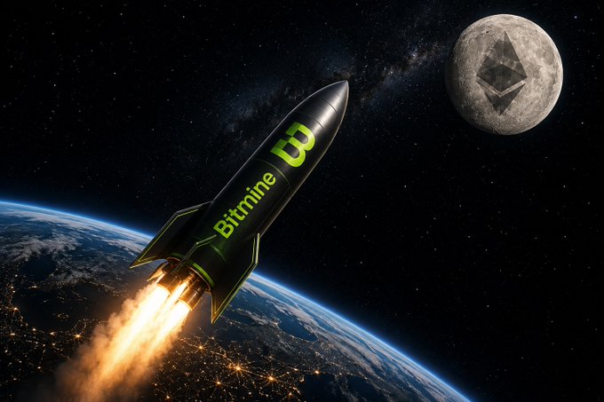 A digital illustration showing a black rocket labeled 'Bitmine' launching from Earth toward the moon, which displays an Ethereum symbol, set against a starry space background.