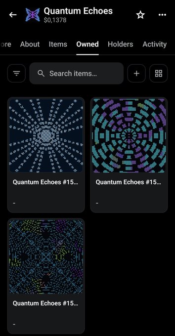 Screenshot of an NFT collection page titled 'Quantum Echoes' showing three digital art items in a grid under the 'Owned' tab.