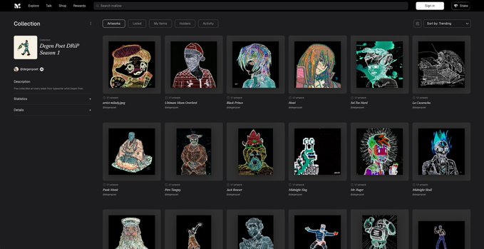 A screenshot of the Manifold platform displaying a 'Degen Poet DRIP Season 1' NFT collection, featuring a grid of various pixel-art style character artworks including 'amor-oddio.jpg', 'Ultimate Mom Overlord', and 'Black Prince'.