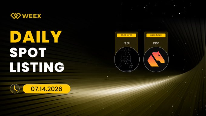 A dark promotional graphic with gold accents advertises WEEX's daily spot listings for 07.14.2026, featuring two ticker cards for $FEBU (03:20 UTC) and $DRV (08:30 UTC) alongside the WEEX logo and a clock icon, visually reinforcing the scheduled listing times announced in the post.