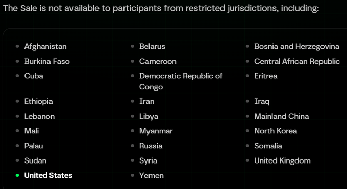 A list of restricted jurisdictions for a sale, including Afghanistan, Belarus, Cuba, Iran, North Korea, Russia, and the United States, with the US marked in green.
