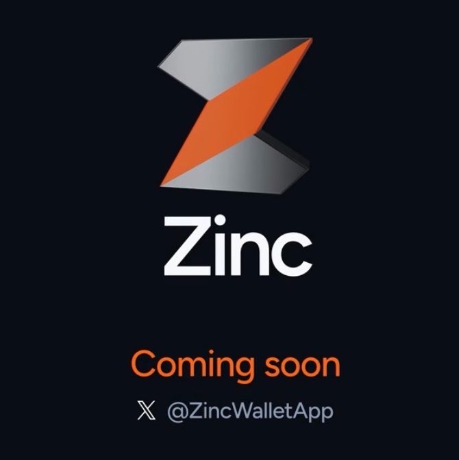Promotional graphic on a dark background featuring an orange and silver Z-shaped logo with the text 'Zinc', 'Coming soon', and the handle '@ZincWalletApp'.