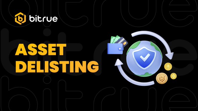Bitrue banner announcing "ASSET DELISTING," featuring its logo alongside a graphic of a wallet, globe with a security shield, and coins—visually reinforcing the exchange's notice that multiple spot assets will be removed on July 30.