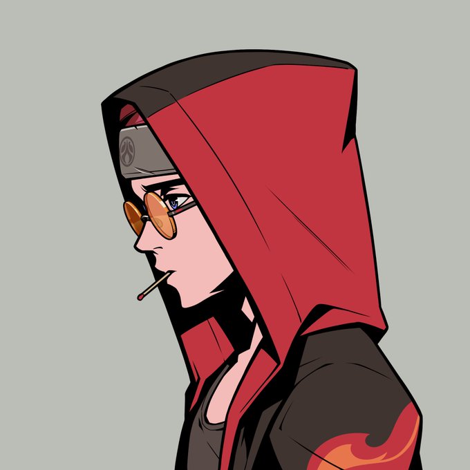 An anime-style illustration of a hooded character wearing a headband with a leaf symbol, orange-tinted sunglasses, and a black and red outfit while smoking.