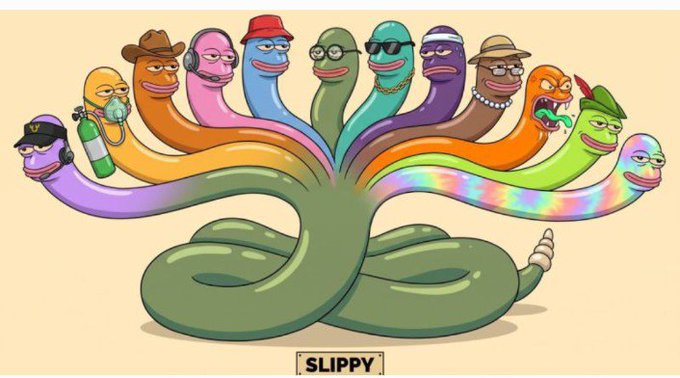 A colorful cartoon illustration of a multi-headed snake/hydra creature labeled 'SLIPPY', with each head depicted as a different character wearing various accessories like hats, headphones, glasses, and a diving mask with oxygen tank.