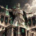 A small fantasy image shows a statue-like woman holding a spear or staff in a dark city setting, with green glowing vertical elements in the background.