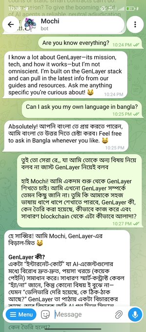 A Telegram chat screenshot with a bot named 'Mochi' discussing GenLayer, with messages in both English and Bengali about blockchain technology and AI.