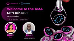 A promotional graphic for a Coinstore × Safrochain (SAF) AMA Twitter Space event, featuring a woman (Safrochain rep) and a man identified as Genty Samvura, with the date 20-04-2026, time 20:00 (UTC+8), and announcing $300 in SAF rewards for participants.