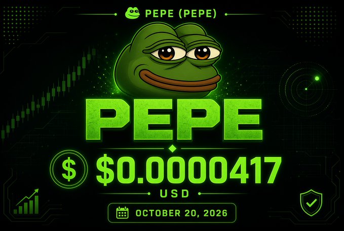A digital price tracker graphic for the PEPE (PEPE) cryptocurrency, displaying a cartoon frog face and a price of $0.00000417 USD as of October 20, 2026, with a green stock chart background.