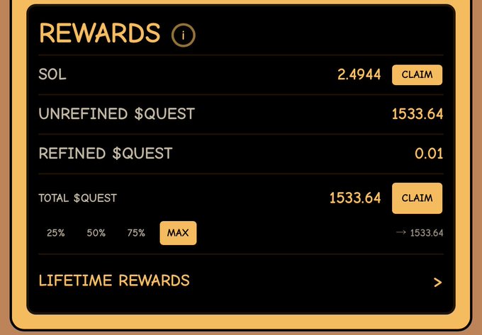 A digital rewards dashboard displaying balances of SOL (2.4944), Unrefined $QUEST (1533.64), Refined $QUEST (0.01), and Total $QUEST (1533.64) with claim buttons and a lifetime rewards option.