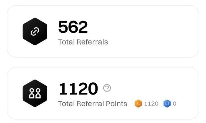 A dashboard showing 562 Total Referrals and 1120 Total Referral Points, with a smaller icon indicating 1120 in orange and 0 in blue.