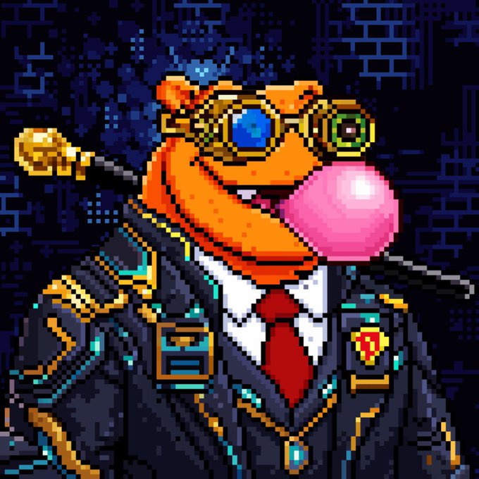 A pixel art illustration shows an orange frog wearing goggles, blowing a pink bubblegum bubble, and dressed in a futuristic black coat with a red tie and various gadgets.