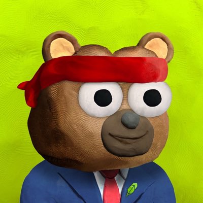 A 3D-rendered brown bear character wearing a red bandana and a blue suit with a red tie and green leaf pin, set against a bright lime green background.
