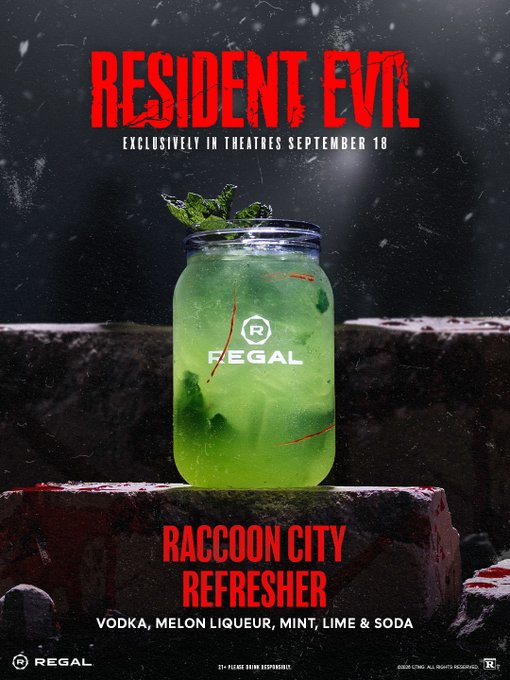 A promotional poster for "Resident Evil" featuring a green cocktail jar labeled "REGAL" with the drink name "Raccoon City Refresher" (vodka, melon liqueur, mint, lime & soda), noted as exclusively in theatres September 18.