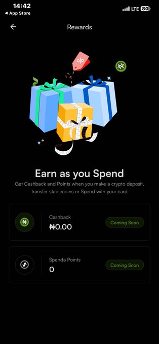 A mobile app 'Rewards' screen titled 'Earn as you Spend,' explaining that users get Cashback and Points when making crypto deposits, transferring stablecoins, or spending with their card, with both features labeled 'Coming Soon.'