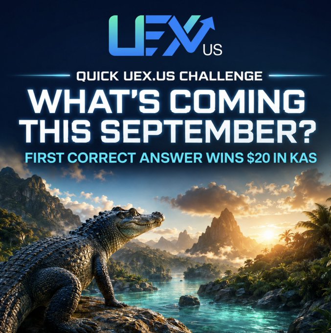 A promotional graphic for UEX.us announcing a 'Quick UEX.us Challenge' asking 'What's Coming This September?' with the first correct answer winning $20 in KAS, featuring an AI-generated crocodile in a tropical landscape.