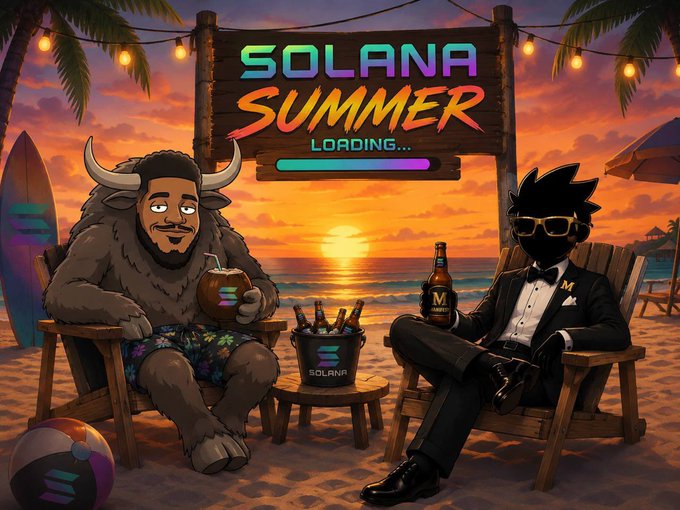 Two stylized cartoon characters—a furry minotaur in floral shorts and a sharp-suited figure in sunglasses—lounge in beach chairs against a sunset ocean backdrop beneath a "SOLANA SUMMER LOADING..." sign, chilled drinks and a Solana-branded bucket beside them, visually capturing the laid-back "Solana summer is upon us" vibe with a playful, loading-screen aesthetic.