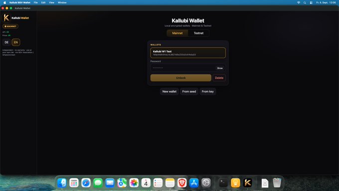 A screenshot of the 'Kalubji Wallet' desktop application showing a login screen with options for 'New wallet', 'From seed', and 'From key'.