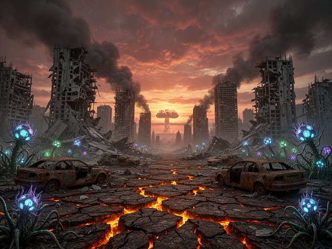 A post-apocalyptic landscape depicting ruined skyscrapers, abandoned cars, glowing blue alien plants, and lava-filled cracks in the ground beneath a dark, smoky sky.