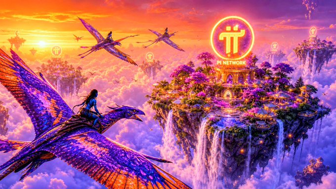 A vibrant fantasy artwork features a person riding a large bird with colorful wings, flying toward floating islands, with the 'Pi Network' logo prominently displayed.