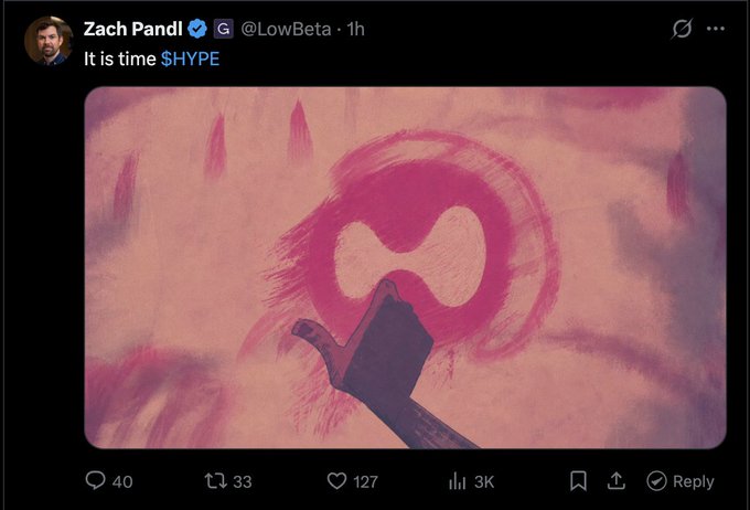 In this image, there's a social media post featuring an animated image of a person's hand holding a book, with the title "It's Time #HYPE" displayed above their head. The caption reads, "Head of research GRAYSCALE SAYS: IT'S TIME @LowBeta : HyperliquidX is a defi platform that has broken the mold". This image and its accompanying post are related to a movie called "It's Time", which is being discussed on Twitter by Zach Pandl. The content of this post and others like it highlight the concept of Hyper Liquid and its impact on financial markets in the context of the film.