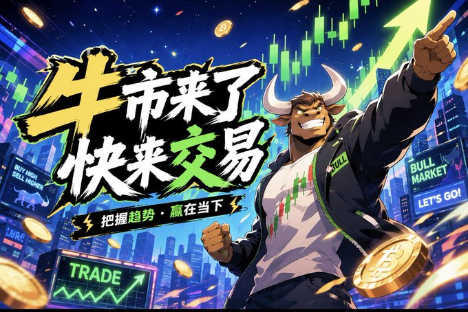 A vibrant promotional graphic featuring a bullish character pointing upward, surrounded by stock charts, gold Bitcoin coins, and Chinese text reading "牛市来了 快来交易" (Bull market is here, come trade now) and "把握趋势·赢在当下" (Grasp the trend, win in the present), along with English text "BUY HIGH SELL HIGHER", "BULL MARKET", "LET'S GO!", and "TRADE".