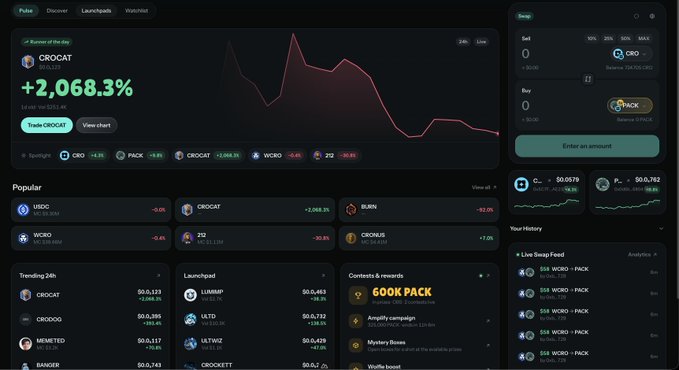 Cryptocurrency trading platform dashboard showing CROCAT token with a +2,068.3% gain, displaying a price chart, trade interface for Sell CRO/BUY CRACK, and popular trading pairs including USDG, CROCAT, BURN, WCRO, Z12, and CRONUS.