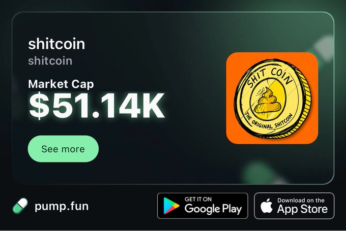 Pump.fun promotional screen for 'shitcoin' token showing a market cap of $51.14K with a cartoon poop emoji coin labeled 'SHIT COIN - THE ORIGINAL SHITCOIN'.