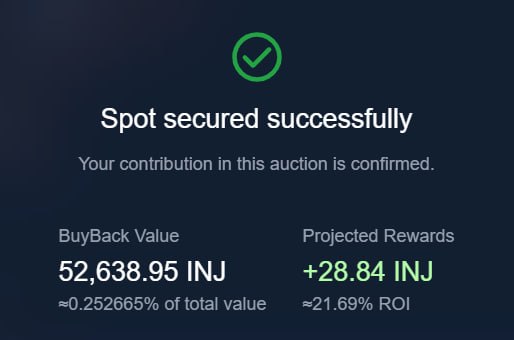 A dark confirmation screen displaying a green checkmark and the text 'Spot secured successfully,' showing a BuyBack Value of 52,638.95 INJ and Projected Rewards of +28.84 INJ (~21.69% ROI).