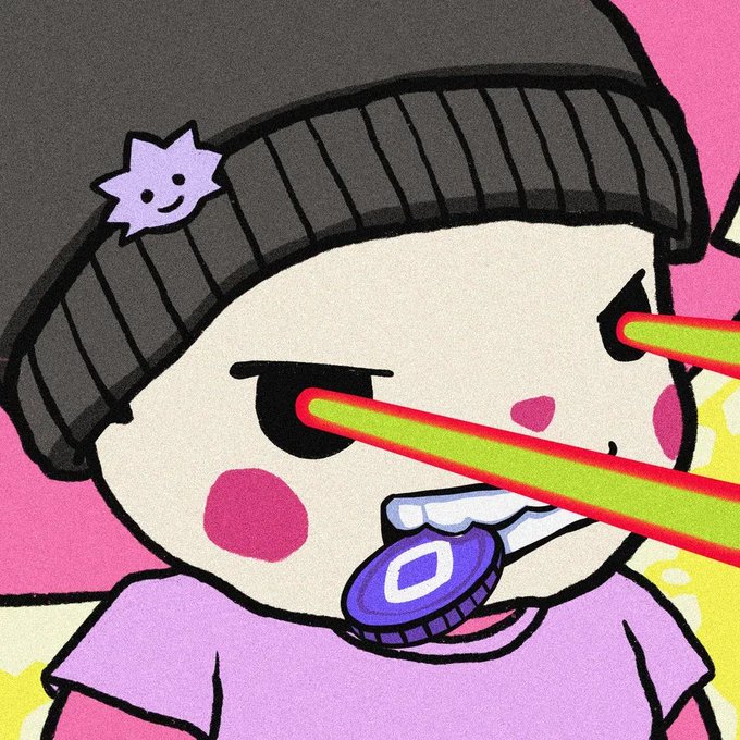 A cartoon character wearing a black beanie with a smiling purple star pin and a purple shirt holds a coin with a square symbol in its mouth, while bright neon green and red laser beams shoot from its eyes. The image promotes a giveaway of the "Chogs" NFT, featuring one of the quirky characters from the collection.