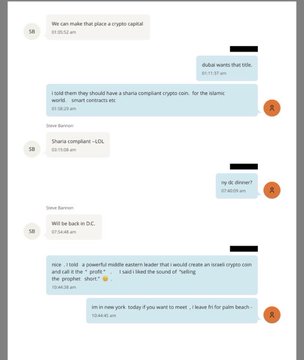 A screenshot of SMS messages between Steve Bannon and Jeffrey Epstein discussing their goal to make Dubai a "crypto capital," with Epstein mentioning he "told them they should have a sharia compliant crypto coin" and later referencing a conversation with a Middle Eastern leader about creating "the first" compliant coins, with timestamps from 10:23 AM to 10:44 AM.