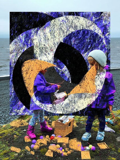 This digital collage features two young children in purple jackets playing outdoors against a backdrop of swirling blue, white, and black abstract patterns. The image reflects the accompanying caption's themes of warmth and joy amidst a cold environment, visually representing the "warmth within" through the vibrant, energetic textures.