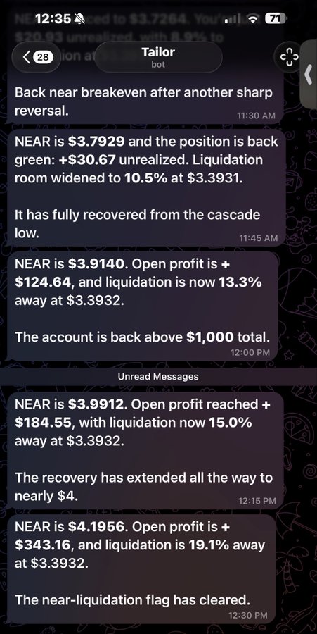 A screenshot of a trading bot chat interface on a mobile device labeled 'Tailor bot', showing multiple timestamped updates tracking NEAR cryptocurrency price movements from $3.7264 to $4.1956 between 11:30 AM and 12:30 PM.