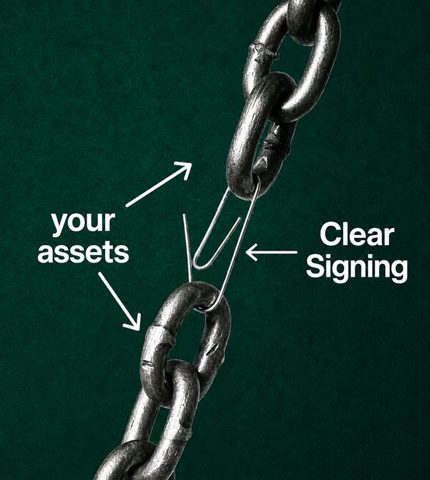 A conceptual image of a metal chain with a paperclip holding two links together, labeled with arrows pointing to 'your assets' and 'Clear Signing'.
