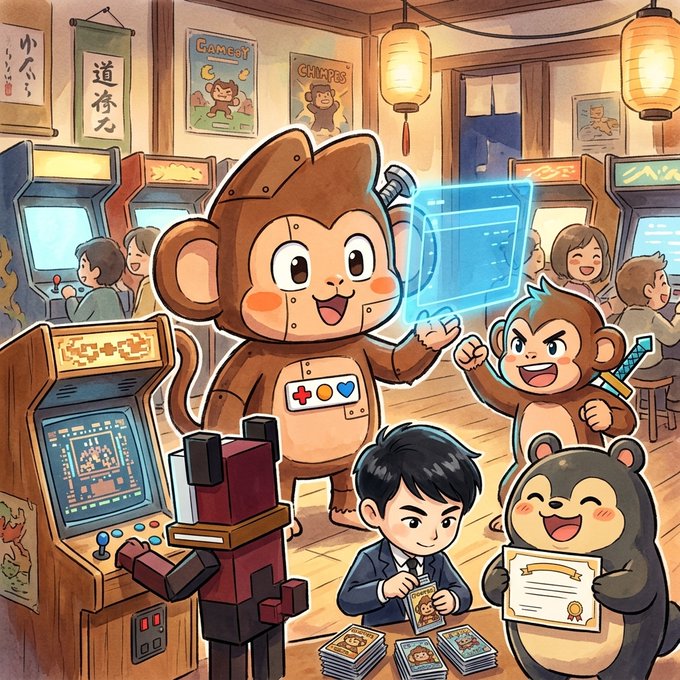 A colorful digital illustration depicting various monkeys in an arcade setting, playing games and trading cards.