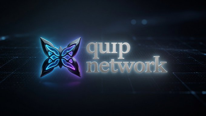 A glowing logo for 'qup network' featuring a stylized blue and purple butterfly on a dark grid background.