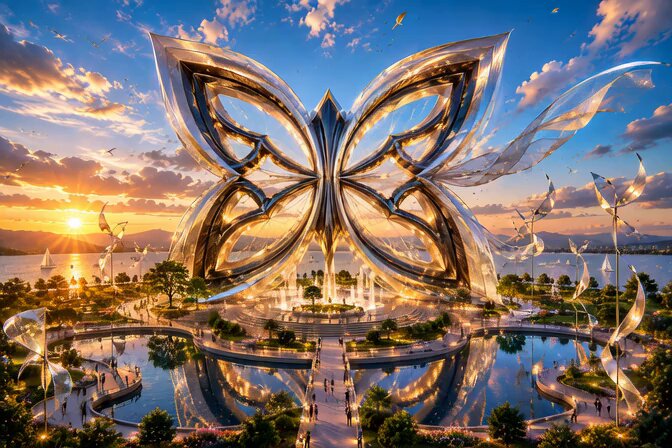 The image features an impressive butterfly-shaped structure made of metal that spans across a large body of water. The structure has multiple levels and seems to be designed for people to walk around, possibly as part of a park or recreational area. There are several people in the vicinity, enjoying the unique architecture and the surrounding environment.

The image also includes some birds flying above the butterfly-shaped structure, adding to the overall atmosphere of the scene. The combination of the metal butterfly with the water and sky creates an interesting visual effect that captures the viewer's attention.