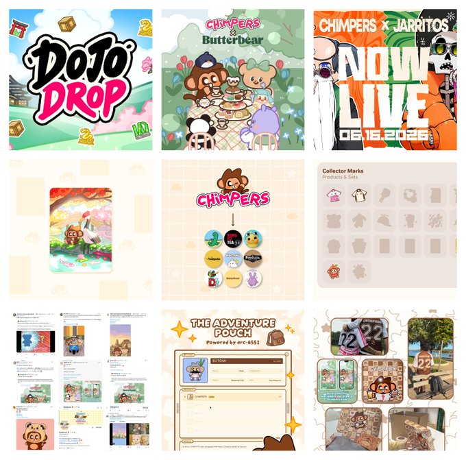 A collage of NFT project assets for 'CHIMPERS x Butterbear Dojo Drop' and a 'CHIMPERS x JARritos NOVA LIVE 06.16.2026' collaboration, showing character designs, collector marks, and an 'Adventure Pouch' by erc6551.