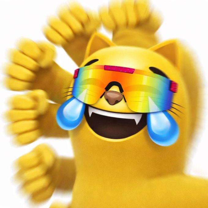 The image shows a laughing-crying cat emoji with rainbow sunglasses and multiple paws raised in excitement, visualizing the euphoric "to the moon" energy of the post about the $MOG meme coin, where "moggers never fold" conveys unwavering conviction that the price will keep pumping.