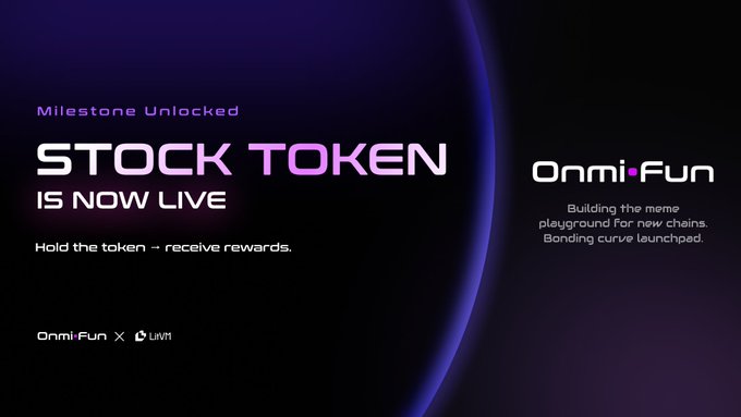 Promotional graphic announcing that the 'STOCK TOKEN' is now live, with text 'Milestone Unlocked', 'Hold the token - receive rewards', and 'Onni•Fun' branding alongside 'Onni-Fun X LUMI'.