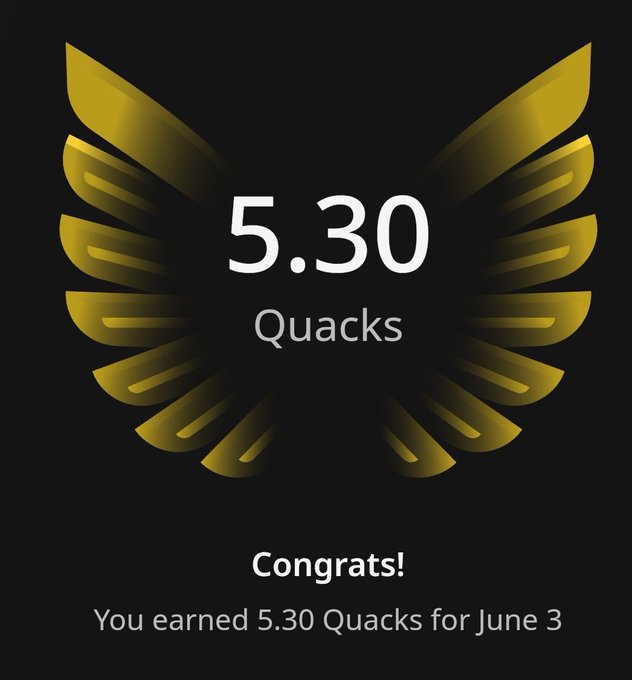 The image features a gold logo of an eagle's wing, which has the number 5.3 printed below it. The text "Congratulations! You earned 5.3 Quacks for June 3" is also present in the image. This suggests that the user has achieved a certain number of Quacks or points within a specific time frame, possibly related to a game or competition.