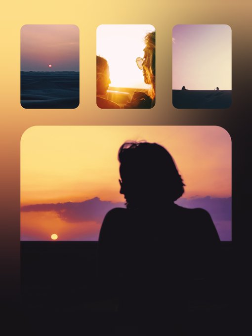 A photo collage with a warm orange/yellow gradient background featuring sunset scenes, desert landscapes, and a silhouetted figure watching the sun set below clouds.