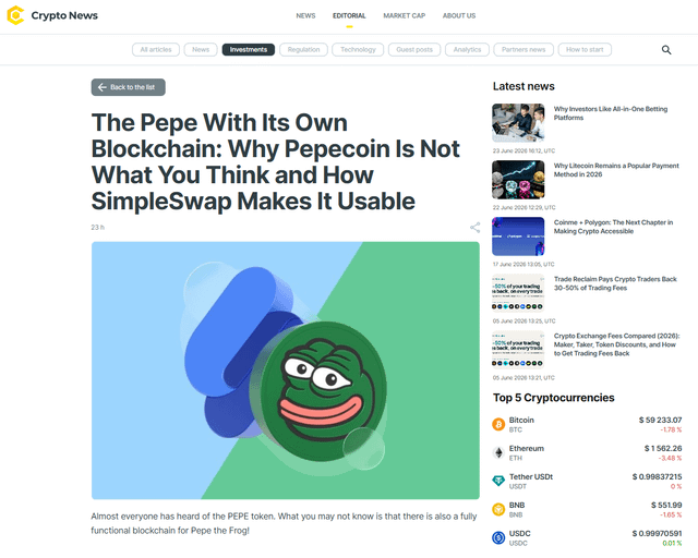 A screenshot of a CryptoNews.net article titled "The Pepe With Its Own Blockchain: Why Pepecoin Is Not What You Think and How SimpleSwap Makes It Usable," featuring an image of the Pepe the Frog character against a green and blue background, alongside a sidebar showing the top cryptocurrencies (BTC at $59,233.07, ETH at $1,502.26) and latest news headlines.